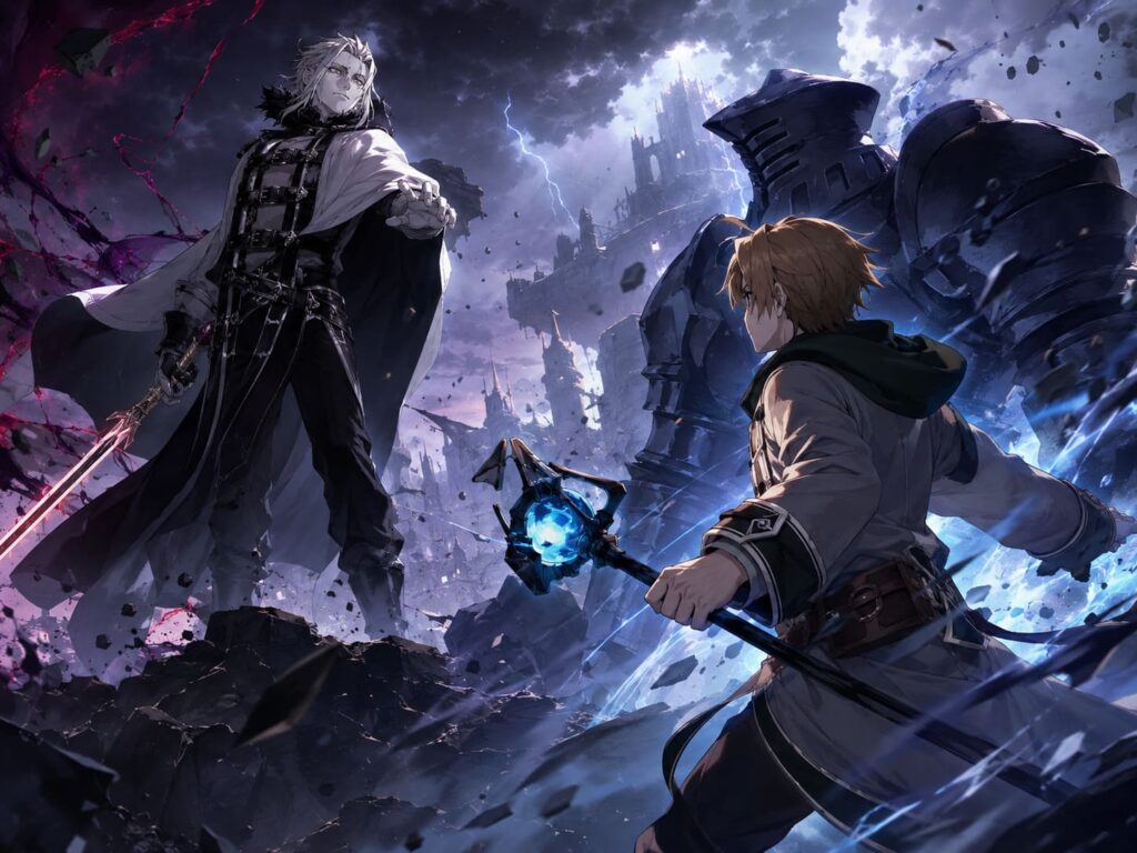 Orsted's energy sphere shattering under Rudeus's triple‑shard attack