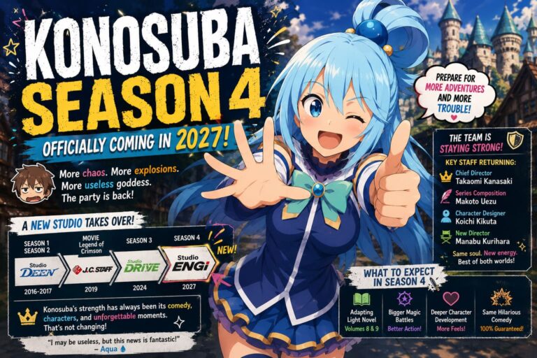 Konosuba Season 4 Release Date Revealed for 2027: New Studio ENGI, Staff Changes, and Plot Theories Explored