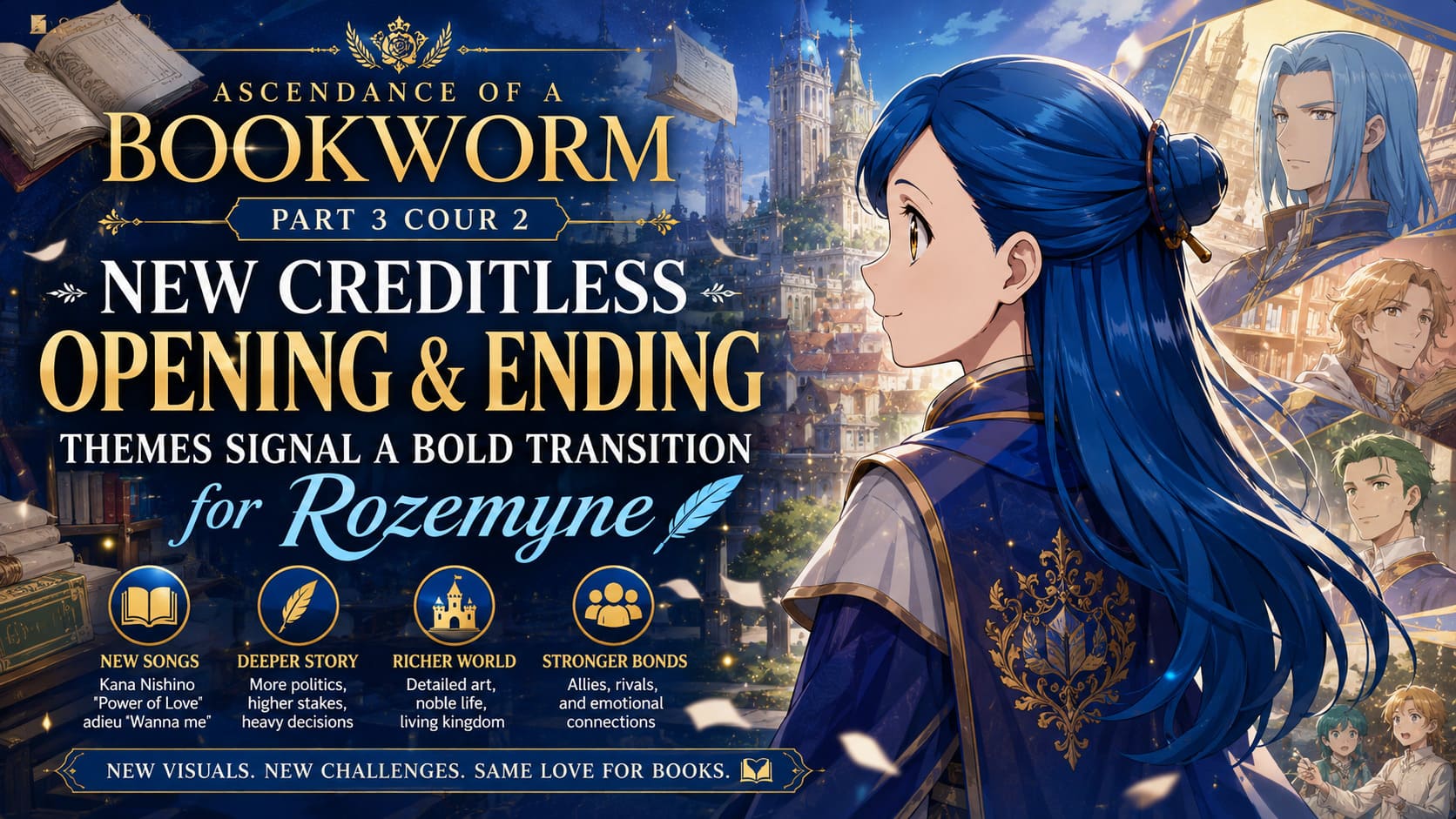 Ascendance of a Bookworm Part 3 Cour 2: New Creditless Opening and Ending Themes Signal a Bold Transition for Rozemyne Ascendance of a Bookworm Part 3 Cour 2: New Creditless Opening and Ending Themes Signal a Bold Transition for Rozemyne