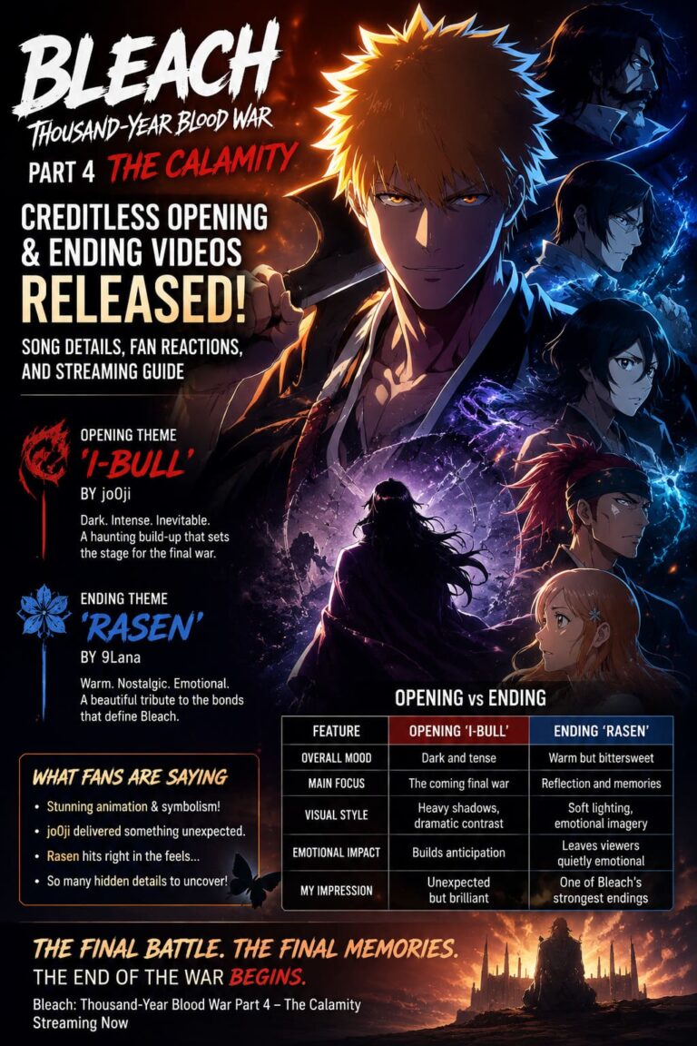 Bleach TYBW Part 4 The Calamity Creditless Opening Ending Videos Released: Song Details, Fan Reactions, and Streaming Guide Bleach TYBW Part 4 The Calamity Creditless Opening Ending Videos Released: Song Details, Fan Reactions, and Streaming Guide