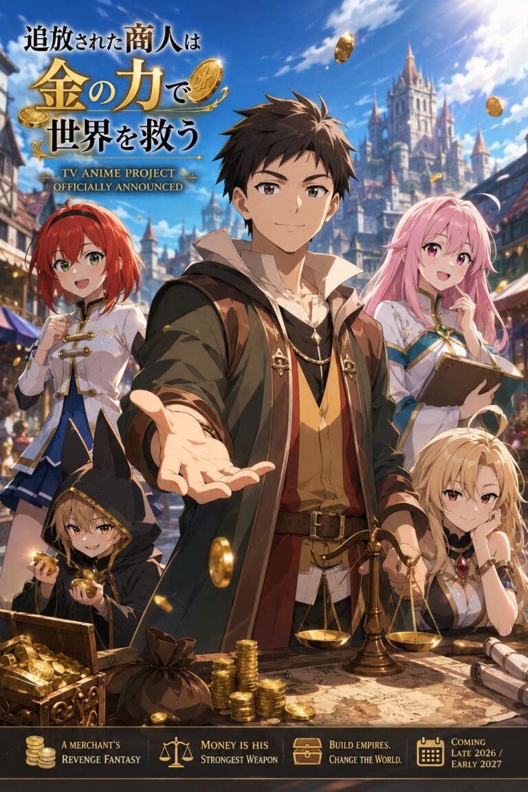 Tsuihousareta Shounin wa Kin no Chikara de Sekai o Sukuu TV Anime Announced: Release Date, Studio, and Manga Rumors