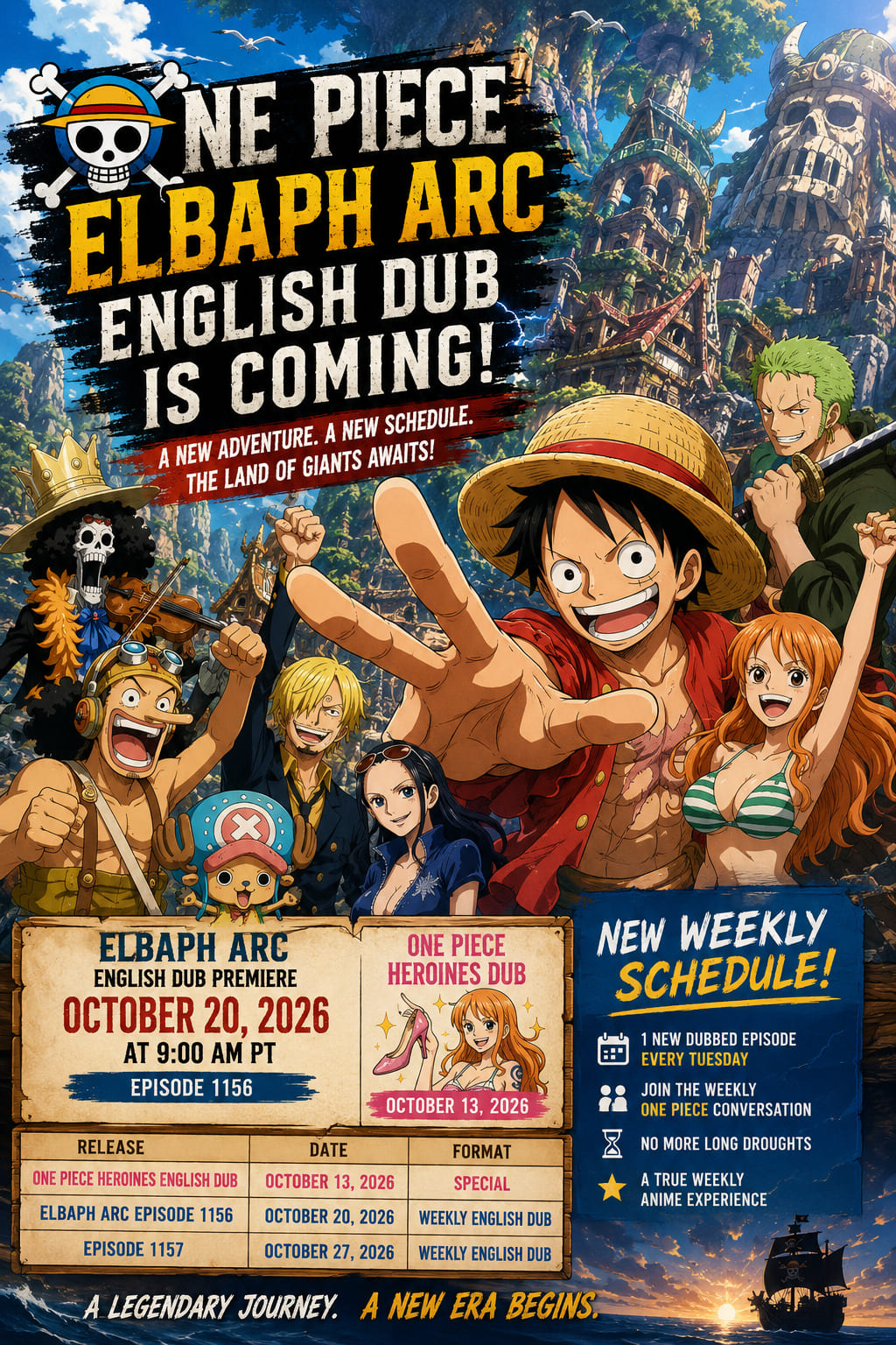 One Piece Elbaph Arc English Dub Release Date, New Weekly Schedule, and Heroines Dub Revealed One Piece Elbaph Arc English Dub Release Date, New Weekly Schedule, and Heroines Dub Revealed
